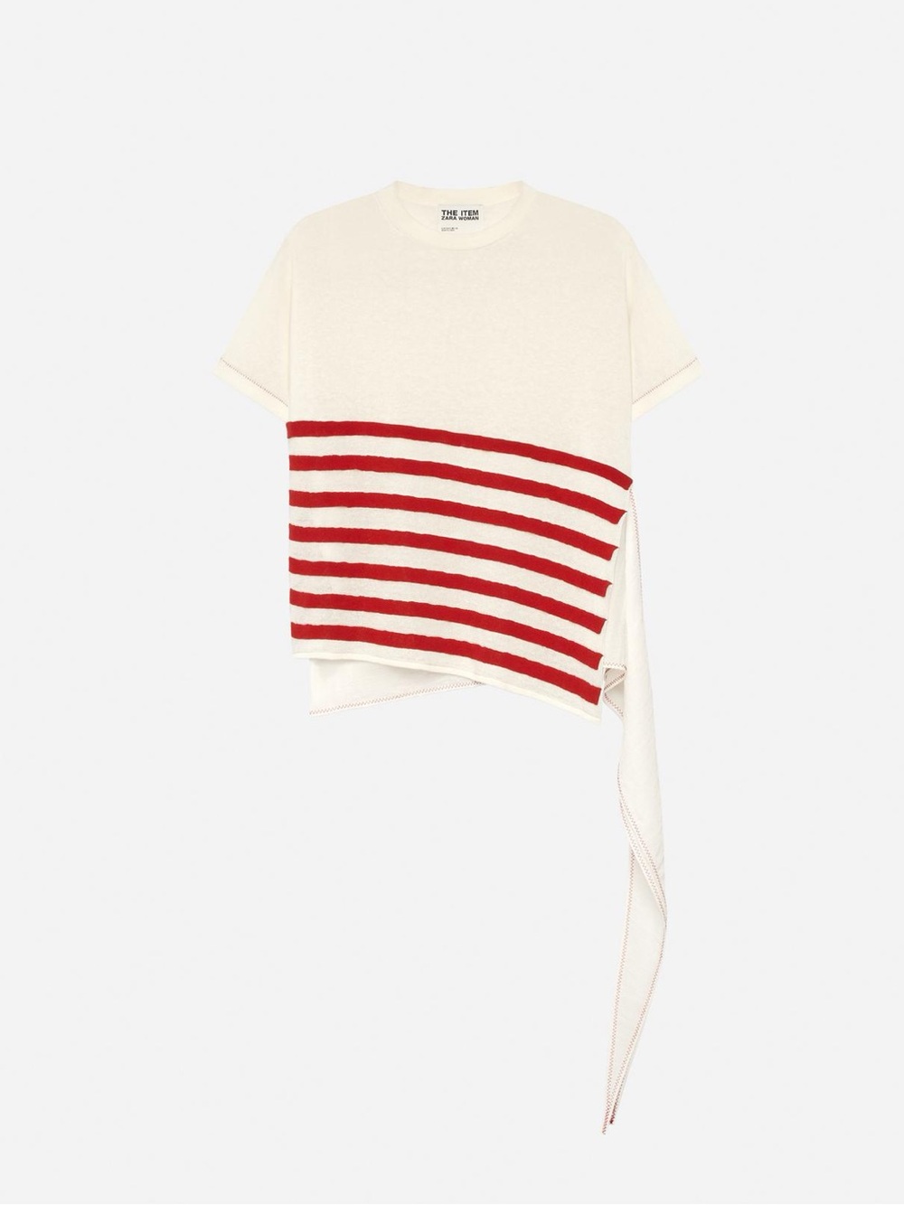 Zara Cream Tee with Red Horizontal Stripes and Side Tie